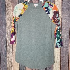 LuLaRoe Randy Floral Sleeve Gray Body Baseball T